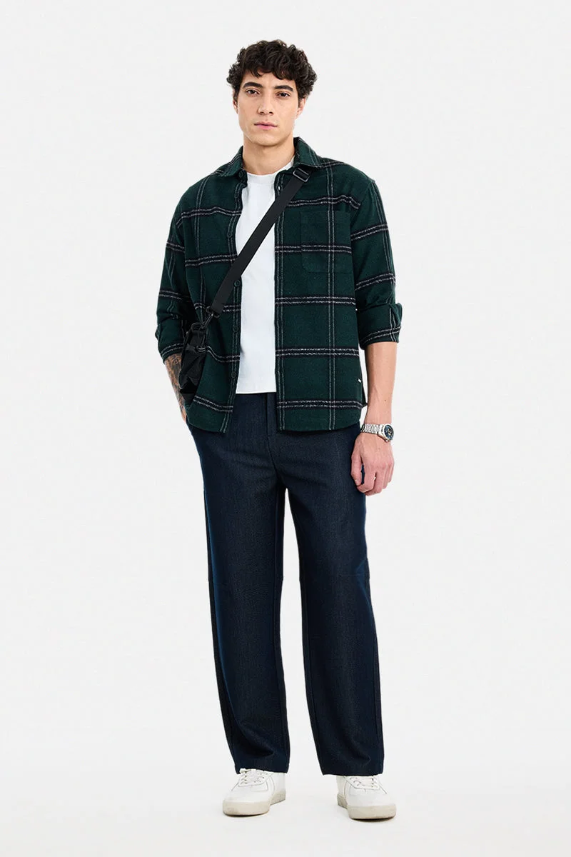 SNITCH Navy Blue Textured Straight Fit Casual Trousers