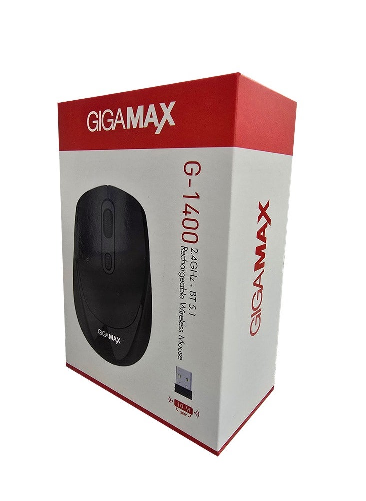Wireless Desk office Mouse, G-1400, 1600 DPI Wired/Wireless Functional Mouse with 3 Modes Connectivity, Bluetooth and 2.4G Wireless, 4 Macro Buttons, Long Lasting Rechargeable Battery Capacity and for PC/Mac/Laptop , black