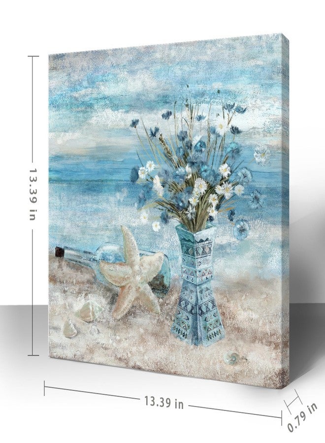 Nicetop Bathroom Decor Wall Art Blue Beach Picture Ocean Theme Flower Canvas Print Modern Coastal Seascape Painting Framed Seaside Artwork Floral Daisy in Indian Vase for Home Sea Lake Bedroom 14x14inch - Image 2