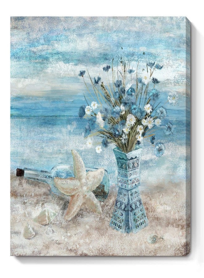 Nicetop Bathroom Decor Wall Art Blue Beach Picture Ocean Theme Flower Canvas Print Modern Coastal Seascape Painting Framed Seaside Artwork Floral Daisy in Indian Vase for Home Sea Lake Bedroom 14x14inch - Image 1