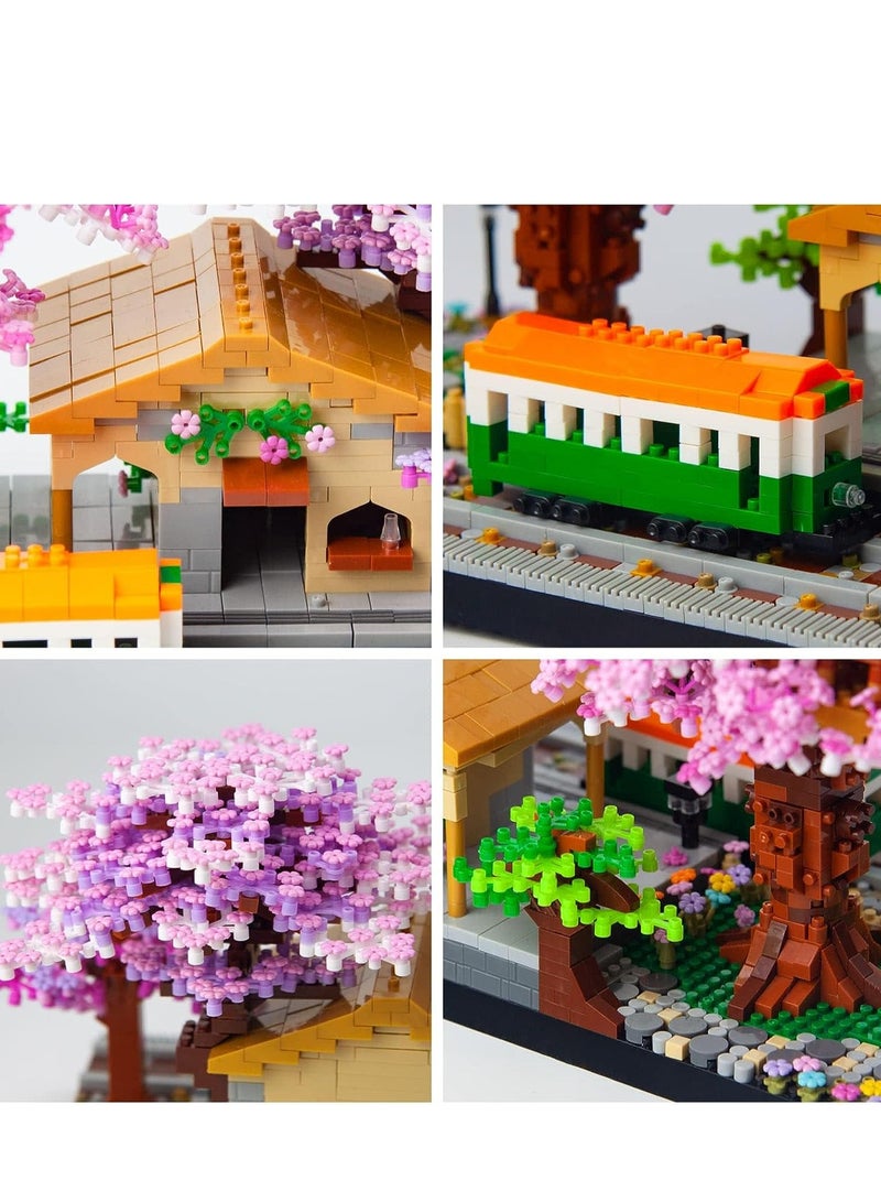 SYOSI Mini Japanese Cherry Blossom Train Station Building Blocks Set, DIY Plant Model for Adults, 14+ Teens, Home Decor Accessories, NOT Compatible with Lego (3668 Pcs) - Image 3