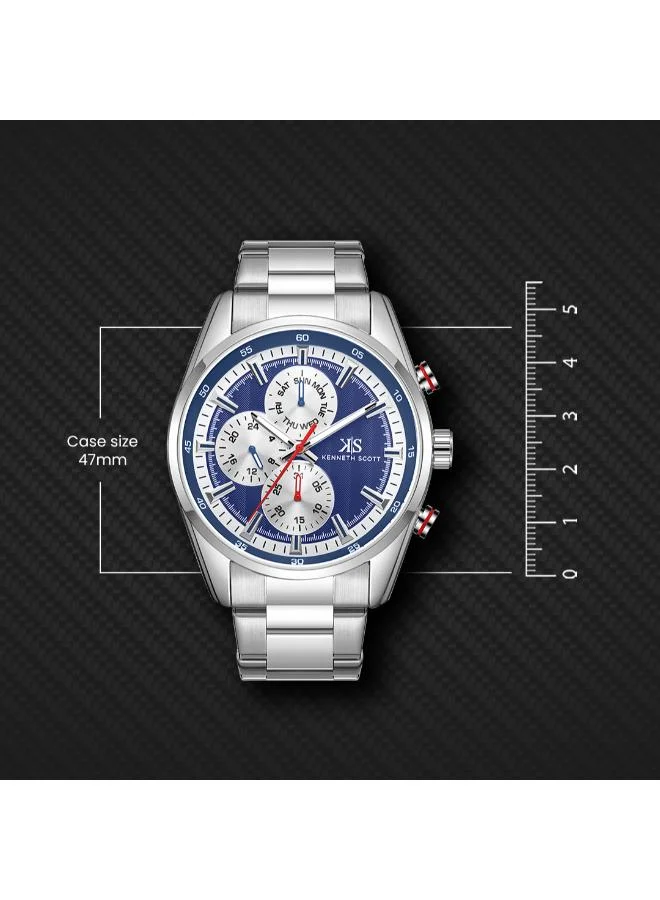 Kenneth Scott Blue Kenneth Scott Men's Epson VX9N Movement Watch, Analog Display and Stainless Steel Strap - K24117-SBSN, Silver for Men | Best Price UAE