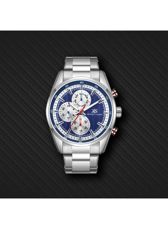 Kenneth Scott Blue Kenneth Scott Men's Epson VX9N Movement Watch, Analog Display and Stainless Steel Strap - K24117-SBSN, Silver for Men | Best Price UAE