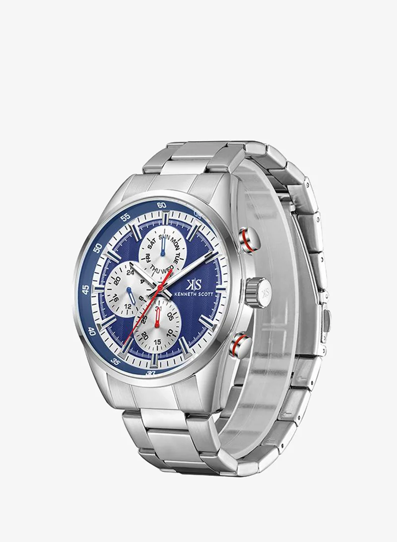 Kenneth Scott Blue Kenneth Scott Men's Epson VX9N Movement Watch, Analog Display and Stainless Steel Strap - K24117-SBSN, Silver for Men | Best Price UAE