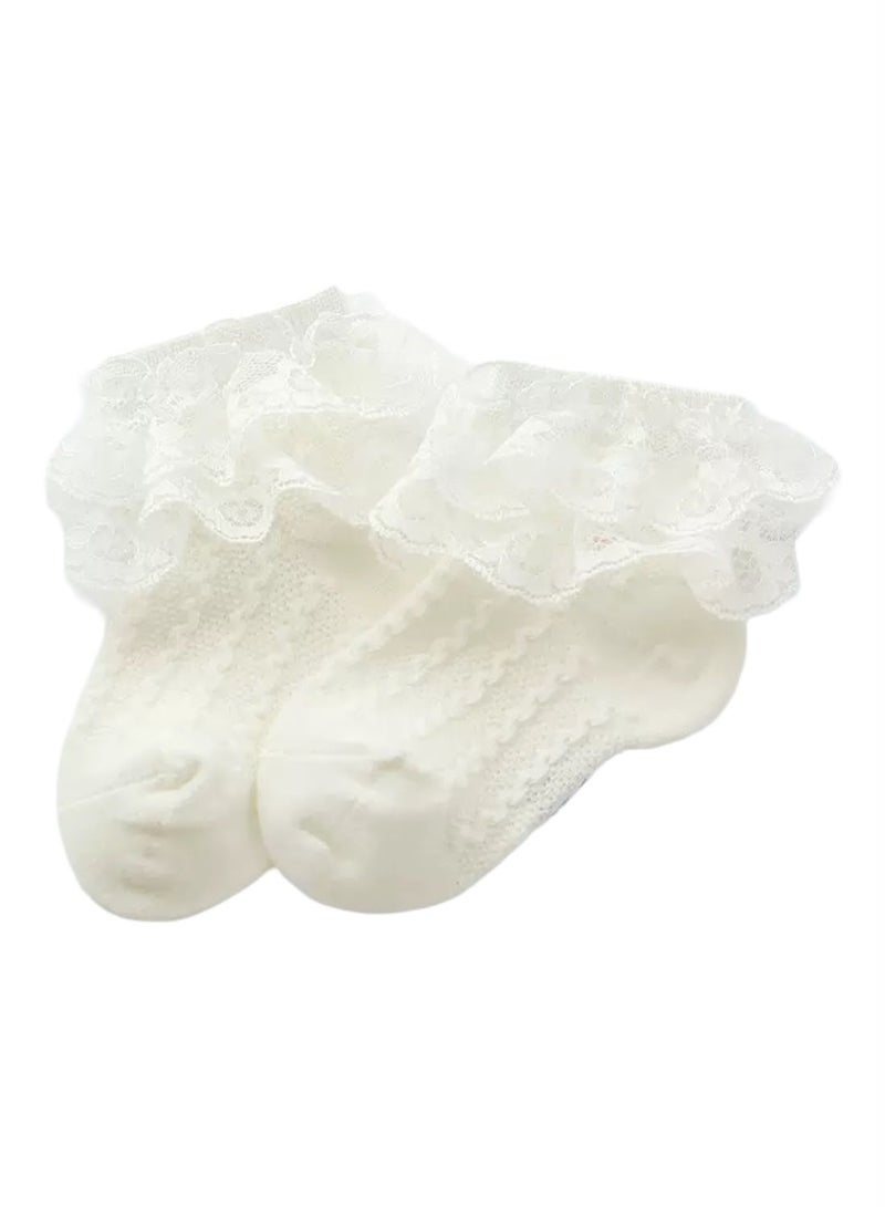 Lion Llama Baby Girl Lace Ruffle Socks | Soft Cotton Ankle Socks with Frilly Lace Trim | White | Newborn & Toddler Sizes - Image 1