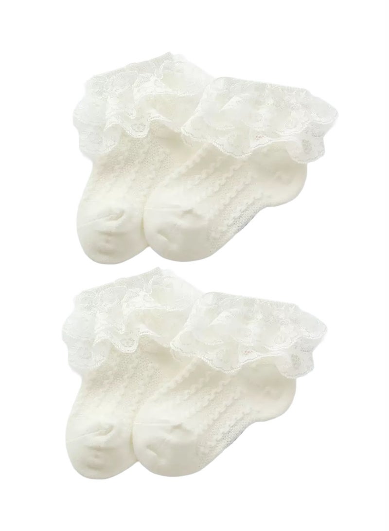 Lion Llama Baby Girl Lace Ruffle Socks | Soft Cotton Ankle Socks with Frilly Lace Trim | White | Newborn & Toddler Sizes - Image 2