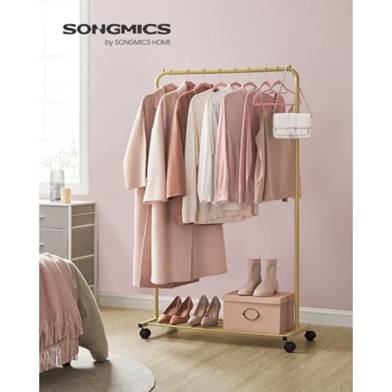 Clothes Rack, Clothes Rod on Wheels, Metal Wardrobe Stand, 91cm Width Mobile Wardrobe, with Shelf, 2 Wheels with Brakes, Load Capacity up to 40kg, Gold Color HSR025A01 - Image 2