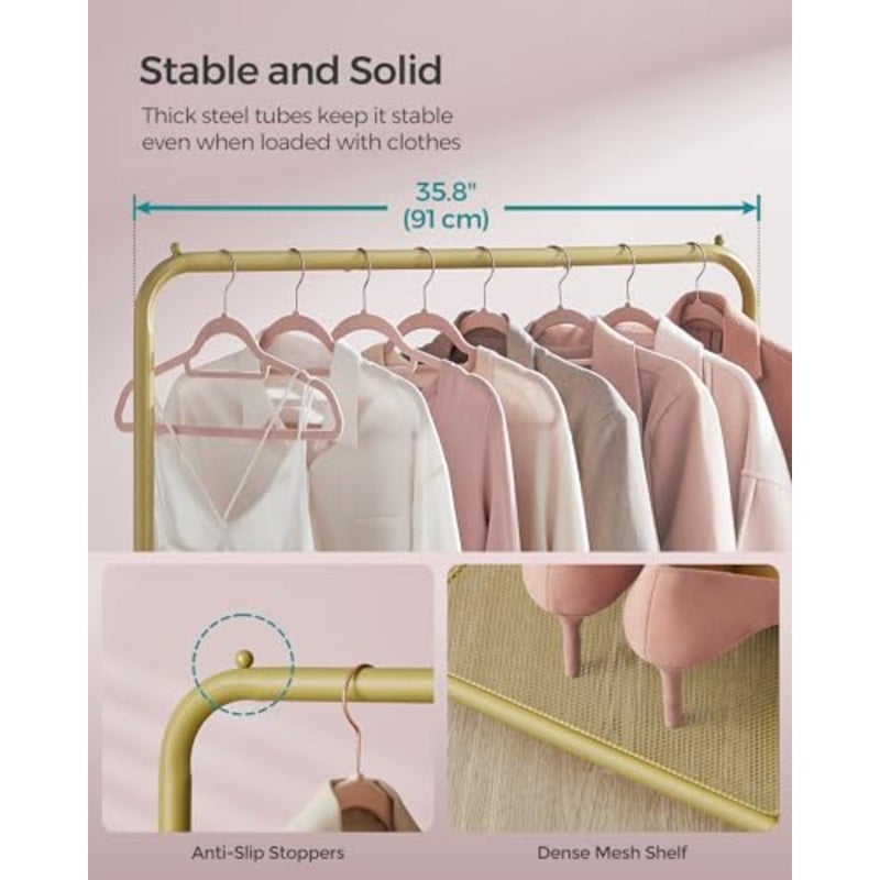 Clothes Rack, Clothes Rod on Wheels, Metal Wardrobe Stand, 91cm Width Mobile Wardrobe, with Shelf, 2 Wheels with Brakes, Load Capacity up to 40kg, Gold Color HSR025A01 - Image 4