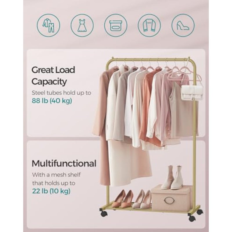 Clothes Rack, Clothes Rod on Wheels, Metal Wardrobe Stand, 91cm Width Mobile Wardrobe, with Shelf, 2 Wheels with Brakes, Load Capacity up to 40kg, Gold Color HSR025A01 - Image 3