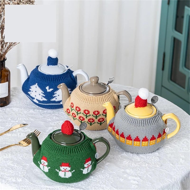 Tea Cozy for Teapot London Pottery Teapot Sweater 80% Handmade Wool Knitted Cover Kettle Cover Kettle Case Creativity Cozy for English Tea Sets(Yellow-Flower) - Image 2