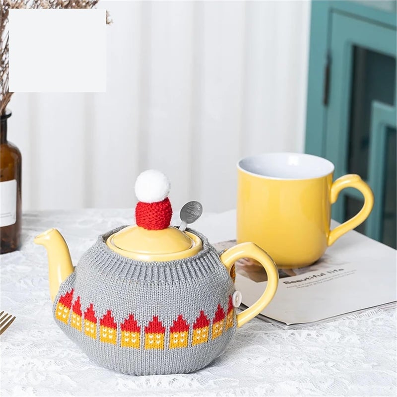Tea Cozy for Teapot London Pottery Teapot Sweater 80% Handmade Wool Knitted Cover Kettle Cover Kettle Case Creativity Cozy for English Tea Sets(Yellow-Flower) - Image 4