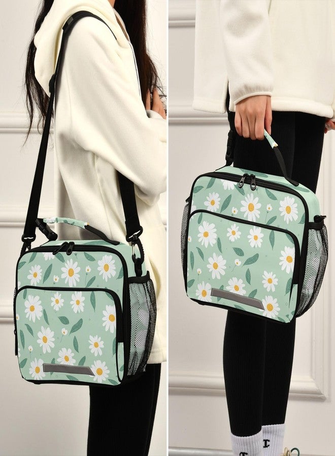 Aslsiy Lunch Bag for Women Daisy Flower Field Mint Green Insulated Lunch Box Handbag with Adjustable Shoulder Strap for Office Picnic Travel - Image 5