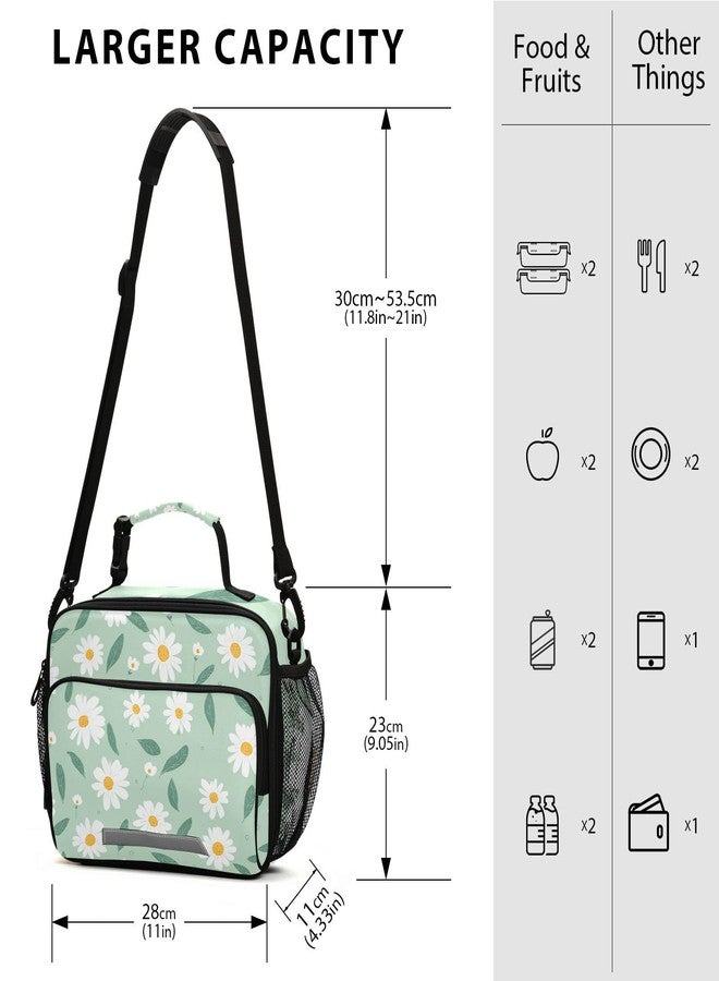 Aslsiy Lunch Bag for Women Daisy Flower Field Mint Green Insulated Lunch Box Handbag with Adjustable Shoulder Strap for Office Picnic Travel - Image 3