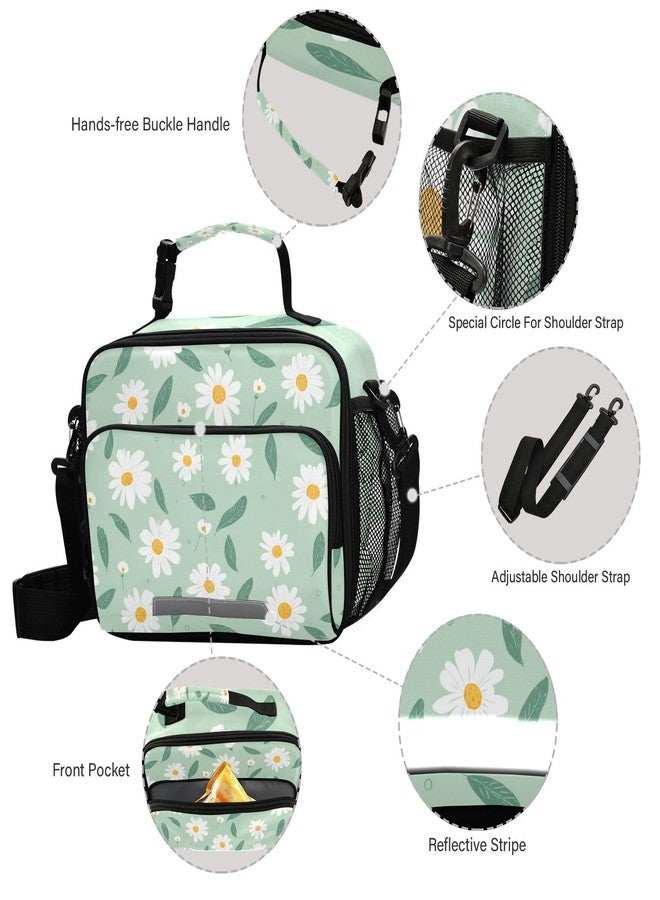 Aslsiy Lunch Bag for Women Daisy Flower Field Mint Green Insulated Lunch Box Handbag with Adjustable Shoulder Strap for Office Picnic Travel - Image 4