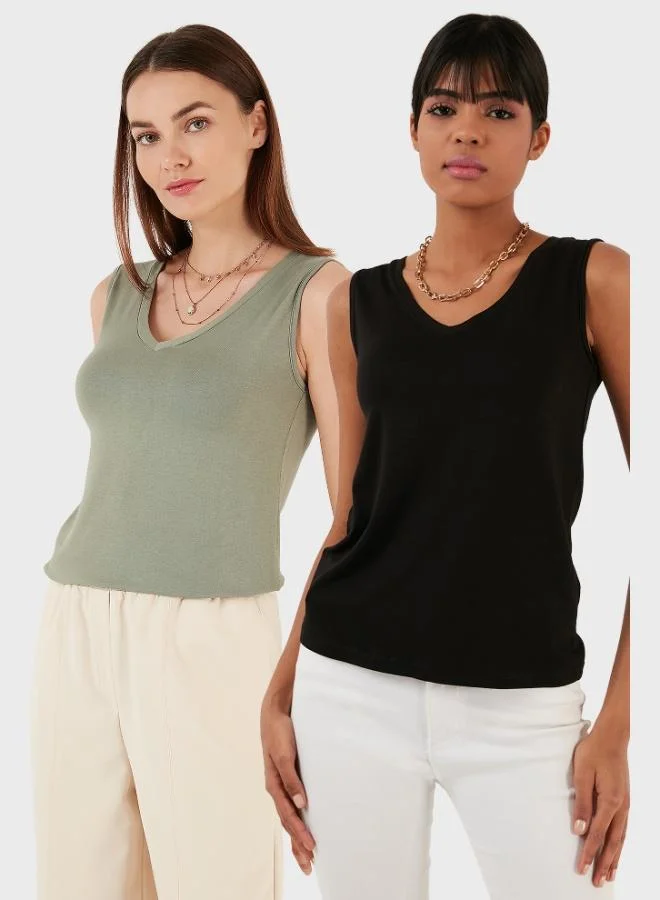 Lela Lela Slim Fit V-Neck Thick Strap 2-Pack Blouse Women's Blouse 5864384S2