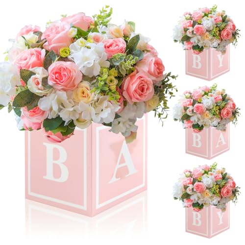 RTHPY 4 Pcs Baby Shower Flower Boxes Table Centerpieces Decoration Pink Baby Block Floral Holder Centerpiece Baby in Bloom Gender Reveal Birthday Party Decors Table Display Its A Girl Its A Boy - Image 1
