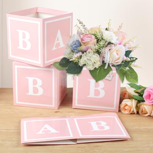 RTHPY 4 Pcs Baby Shower Flower Boxes Table Centerpieces Decoration Pink Baby Block Floral Holder Centerpiece Baby in Bloom Gender Reveal Birthday Party Decors Table Display Its A Girl Its A Boy - Image 3