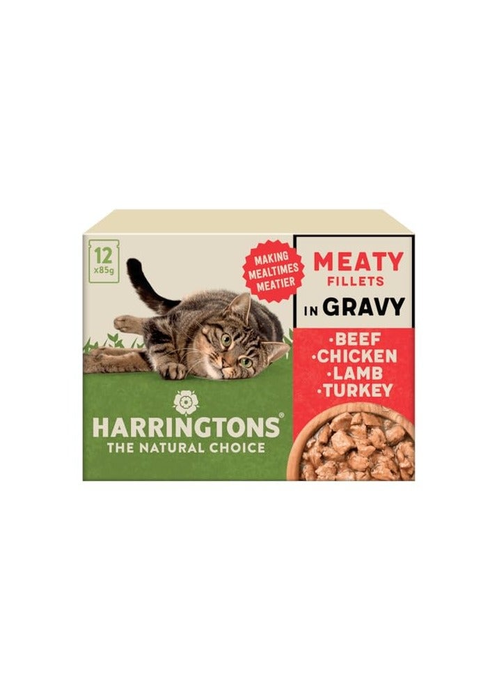 HARRINGTONS Complete Wet Pouch Grain Free Hypoallergenic Adult Cat Food Meaty in Gravy Pack 72x85g - Beef, Chicken, Lamb & Turkey - Making Mealtimes Meatier