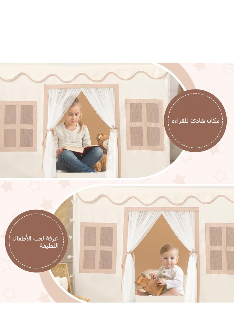 Kids Playhouse with Mat LED Star Lights Washable Foldable Play Tent with Windows Indoors Outdoors Reading Corner Activity Center For Girls Boys