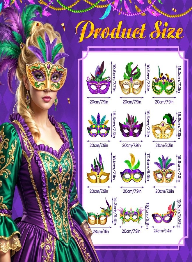 Woosytoo Mardi Gras Mask Paper Carnival Venetian Costume Feather Masks 12 Pcs Purple Green Yellow Masquerade Masks Decorations for Women Men Kids New Orleans Dress Up Mardi Gras Party Supplies - Image 2