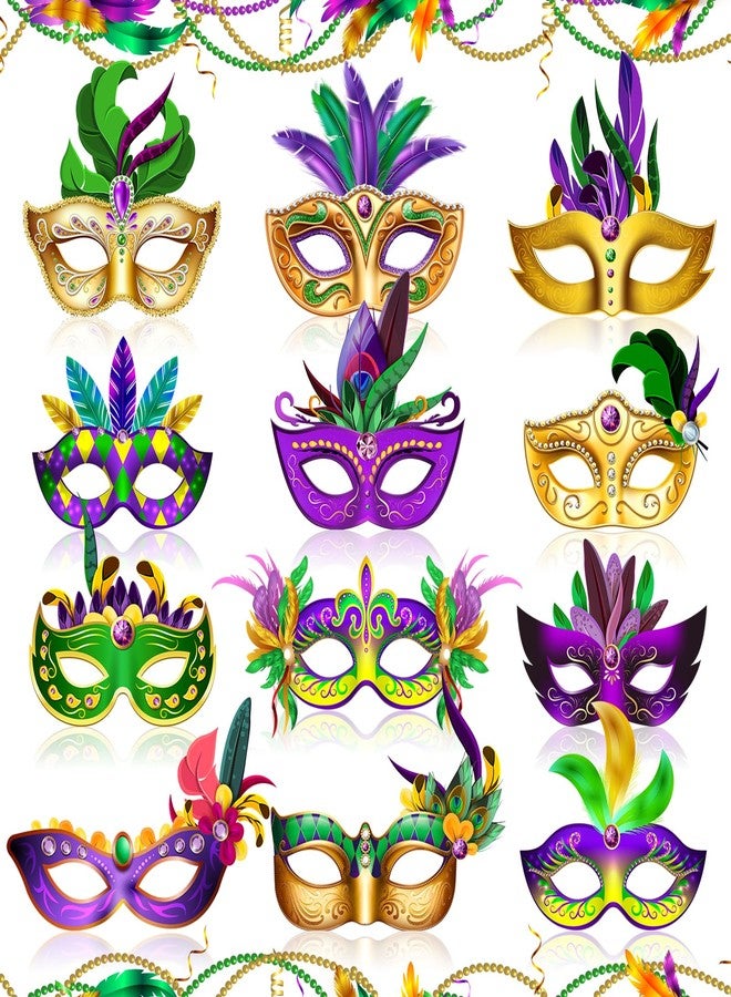 Woosytoo Mardi Gras Mask Paper Carnival Venetian Costume Feather Masks 12 Pcs Purple Green Yellow Masquerade Masks Decorations for Women Men Kids New Orleans Dress Up Mardi Gras Party Supplies - Image 1