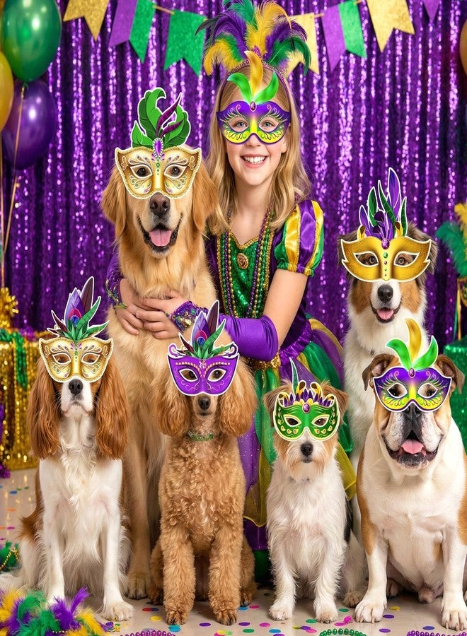 Woosytoo Mardi Gras Mask Paper Carnival Venetian Costume Feather Masks 12 Pcs Purple Green Yellow Masquerade Masks Decorations for Women Men Kids New Orleans Dress Up Mardi Gras Party Supplies - Image 4