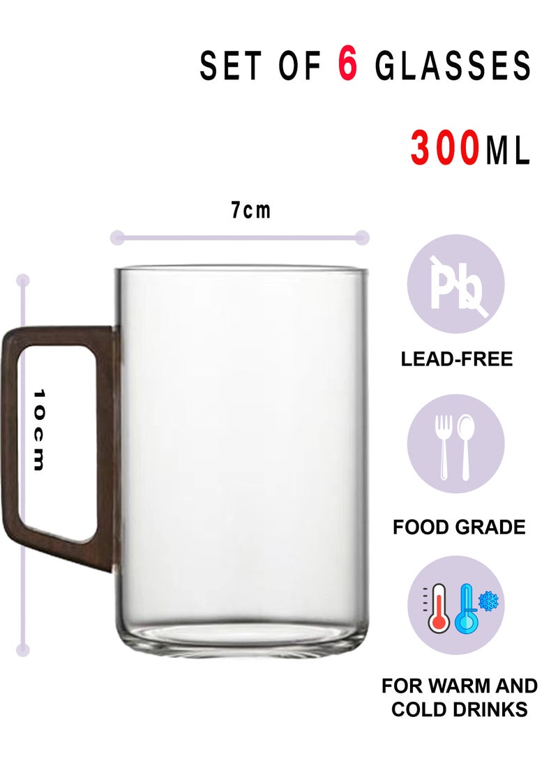 6 - Pack Transparent Black 300Ml High Borosilicate Glass Cups With Wooden Handles – Stylish & Durable For Beverage Serving - Image 2
