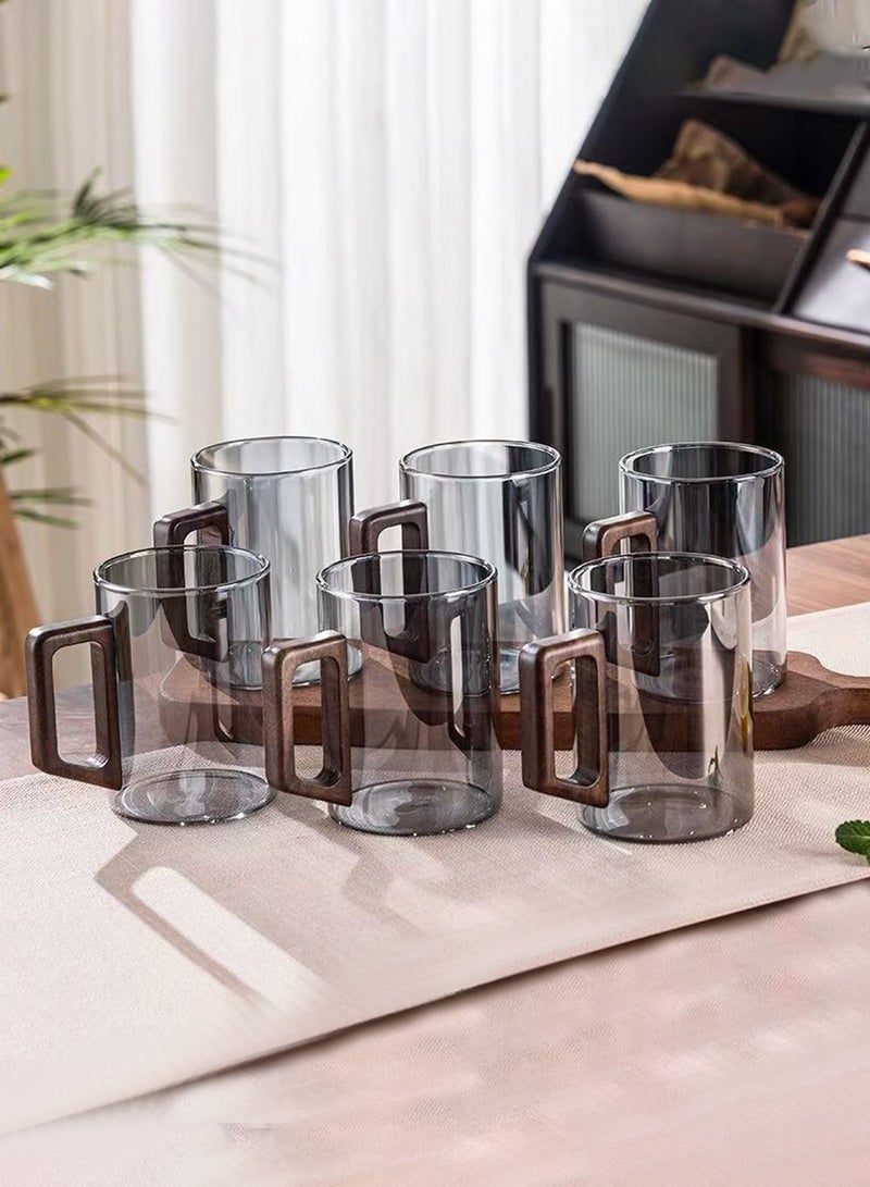 6 - Pack Transparent Black 300Ml High Borosilicate Glass Cups With Wooden Handles – Stylish & Durable For Beverage Serving - Image 1