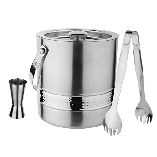 Steren Impex | Stainless Steel 3 Piece Hammered Band Bar Set for Drink/Gift, Double Wall - Ice Bucket, Tong & Peg Measure - Image 1
