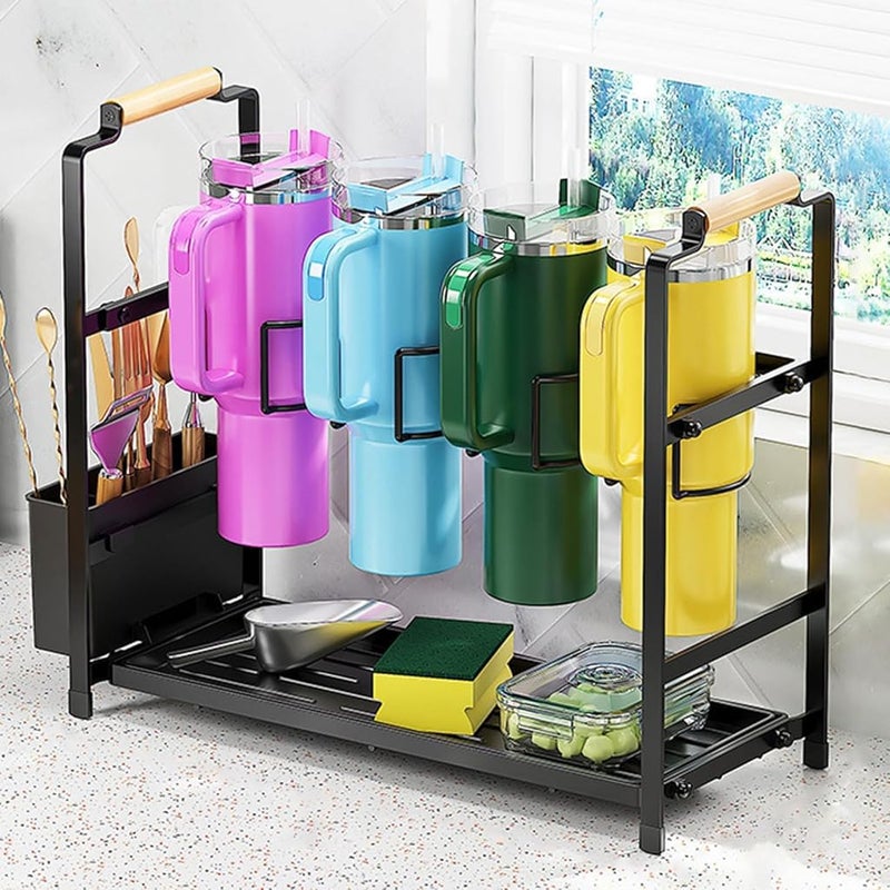 HASTHIP® Water Bottle Holder for Stanley 40 oz Tumbler Multi Water Bottle Organizer Rack Double Layer Carbon Steel Kitchen Organizer Water Bottle Holder Multipurpose Bar Organizer, 46x19.2x41cm - Image 1