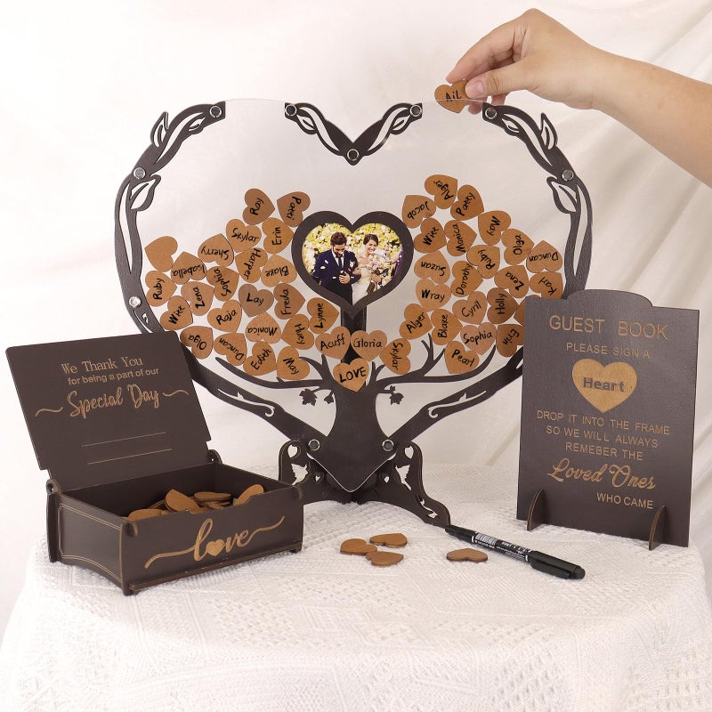Dezhier Heart Wedding Guest Book Alternative, Coffee Color Rustic Wooden Wedding Souvenirs with Heart Picture Frame, Heart Guest Book Drop Box, Personalized Decor Party Birthday - Image 4