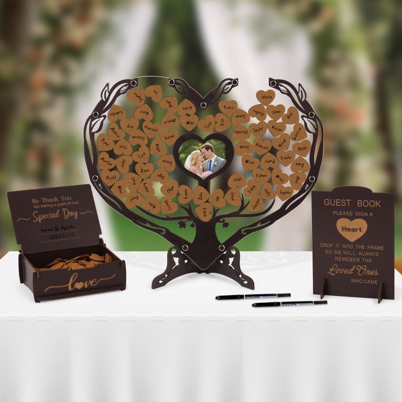 Dezhier Heart Wedding Guest Book Alternative, Coffee Color Rustic Wooden Wedding Souvenirs with Heart Picture Frame, Heart Guest Book Drop Box, Personalized Decor Party Birthday - Image 2