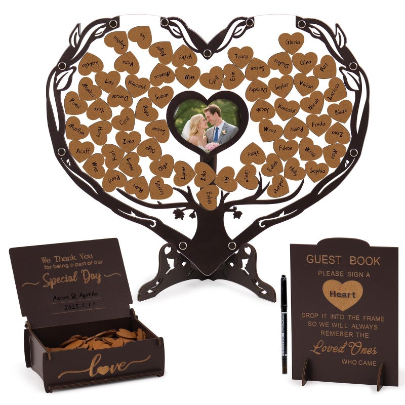 Dezhier Heart Wedding Guest Book Alternative, Coffee Color Rustic Wooden Wedding Souvenirs with Heart Picture Frame, Heart Guest Book Drop Box, Personalized Decor Party Birthday - Image 1