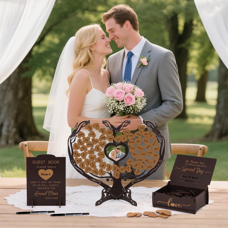 Dezhier Heart Wedding Guest Book Alternative, Coffee Color Rustic Wooden Wedding Souvenirs with Heart Picture Frame, Heart Guest Book Drop Box, Personalized Decor Party Birthday - Image 5