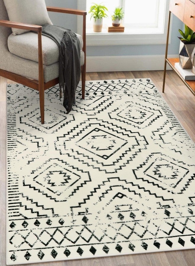 Wonnitar Moroccan 4x6 Area Rug, White Boho Rugs for Living Room, Washable Soft Large Rug for Bedroom,Non-Slip Geometric Throw Carpet, Low Pile Accent Mat for Nursery Bedside Dorm (Beige,4'x6') - Image 1