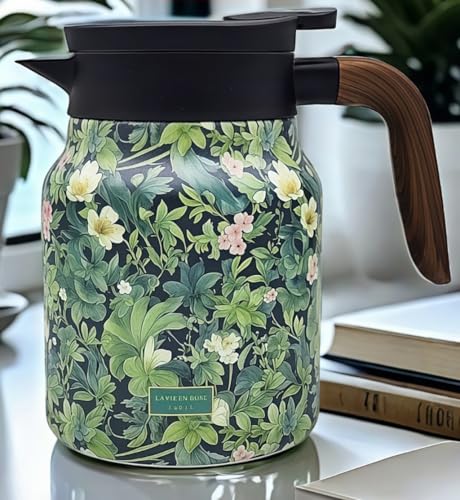 MofivKce 35oz Vintage Floral Teapot with Built-in Infuser - Stainless Steel Thermal Carafe, Leak-Proof Lid for Tea & Coffee(Flowers and Plants) - Image 2