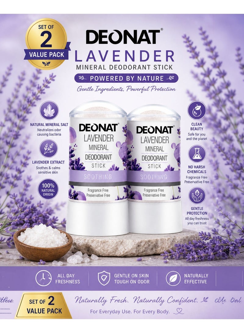 DEONAT Lavender Mineral Deodorant Stick 60g Pack of 2 Natural Alum Crystal Deodorant Antibacterial Anti Odor Soothing Underarm Care for Sensitive Skin Non Staining Long Lasting All Day Protection for Men and Women - Image 1