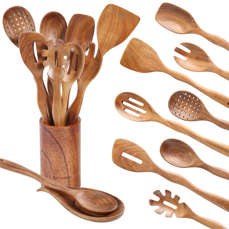 NAYAHOSE Wooden Spoons for Cooking with Holder10Pcs Wooden Kitchen Utensil Set Non stick Non Scratch Natural Teak Wooden Utensils for Cooking