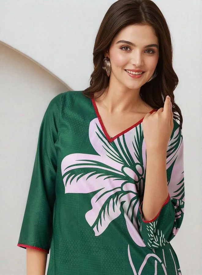ISHIN Women'S Green 100% Polyester Embroidered Tunic Full Length Palazzo Straight Fit Kurta Set