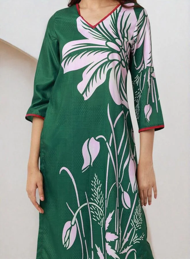 ISHIN Women'S Green 100% Polyester Embroidered Tunic Full Length Palazzo Straight Fit Kurta Set