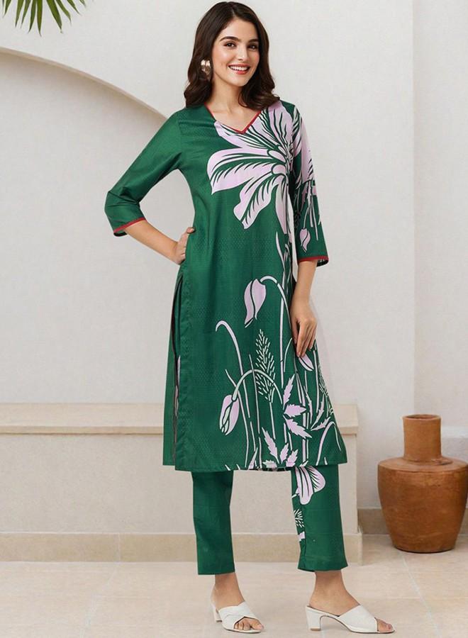 ISHIN Women'S Green 100% Polyester Embroidered Tunic Full Length Palazzo Straight Fit Kurta Set - Image 5