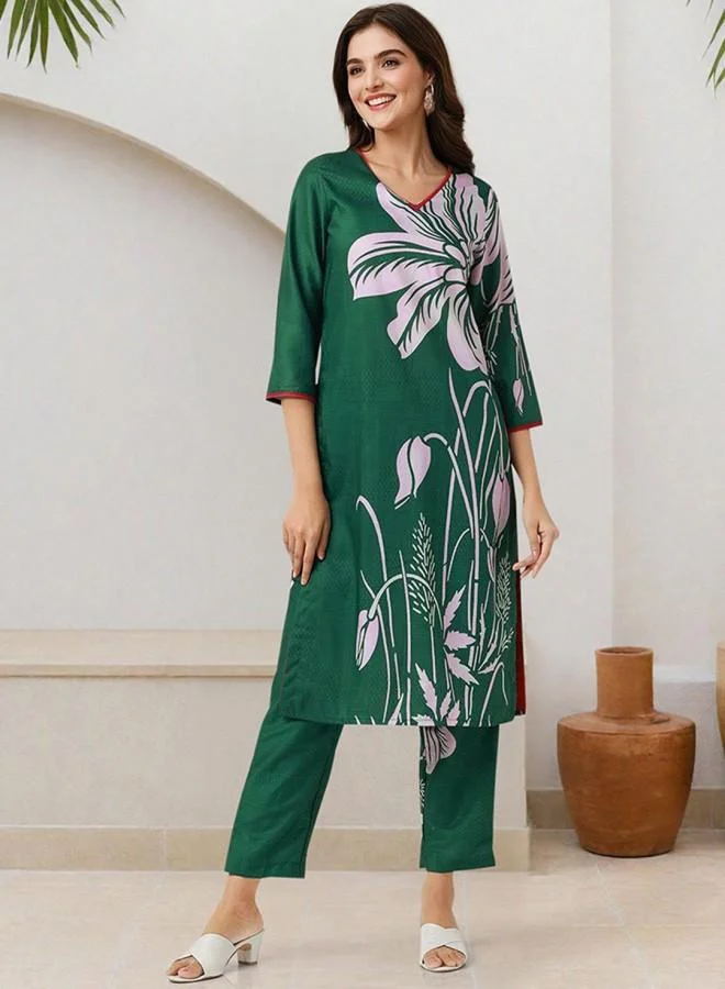 ISHIN Women'S Green 100% Polyester Embroidered Tunic Full Length Palazzo Straight Fit Kurta Set