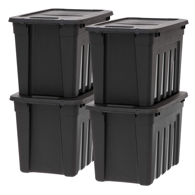 USA 20 GALLON HEAVY DUTY STORAGE TOTES WITH EASYGRIP HANDLES 4 PACK LARGE BINS WITH LIDS GARAGE ORGANIZING TUBS DURABLE STACKABLE UTILITY CONTAINERS MADE IN USA BLACK