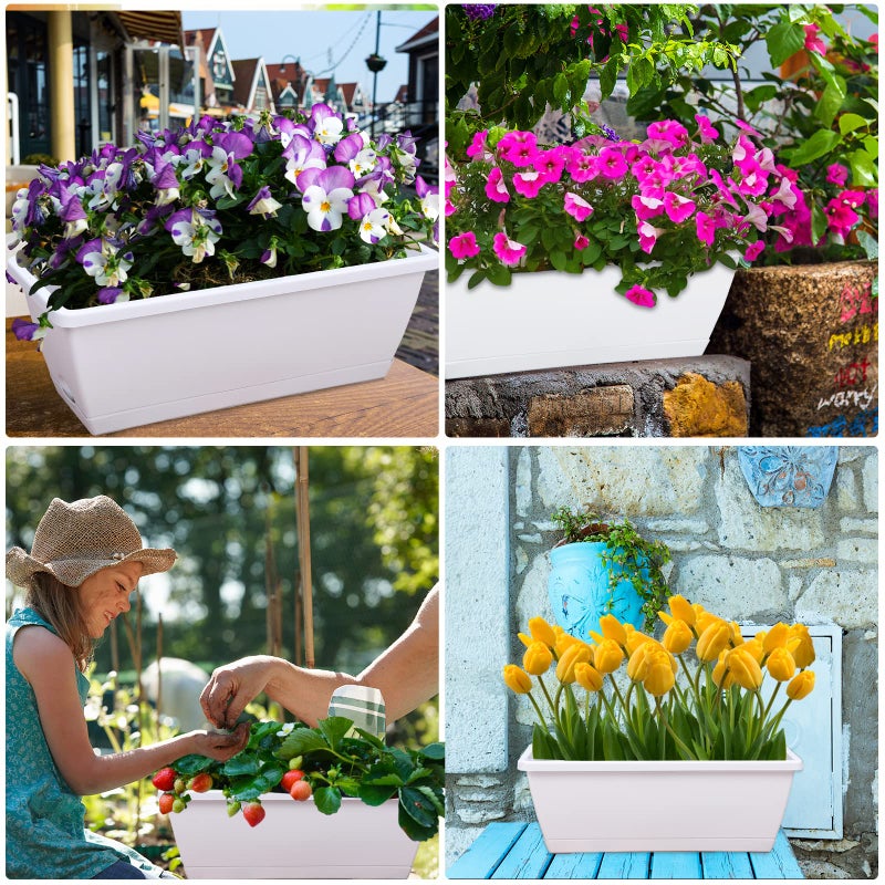 CHUKEMAOYI Window Box Planter, 7 Pack Plastic Vegetable Flower Planters Boxes 17 Inches Rectangular Flower Pots with Saucers for Indoor Outdoor Garden, Patio, Home Decor (White) - Image 5