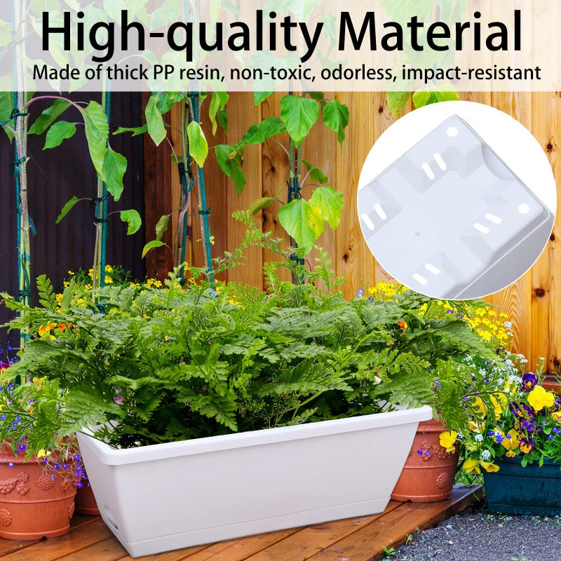 CHUKEMAOYI Window Box Planter, 7 Pack Plastic Vegetable Flower Planters Boxes 17 Inches Rectangular Flower Pots with Saucers for Indoor Outdoor Garden, Patio, Home Decor (White) - Image 4