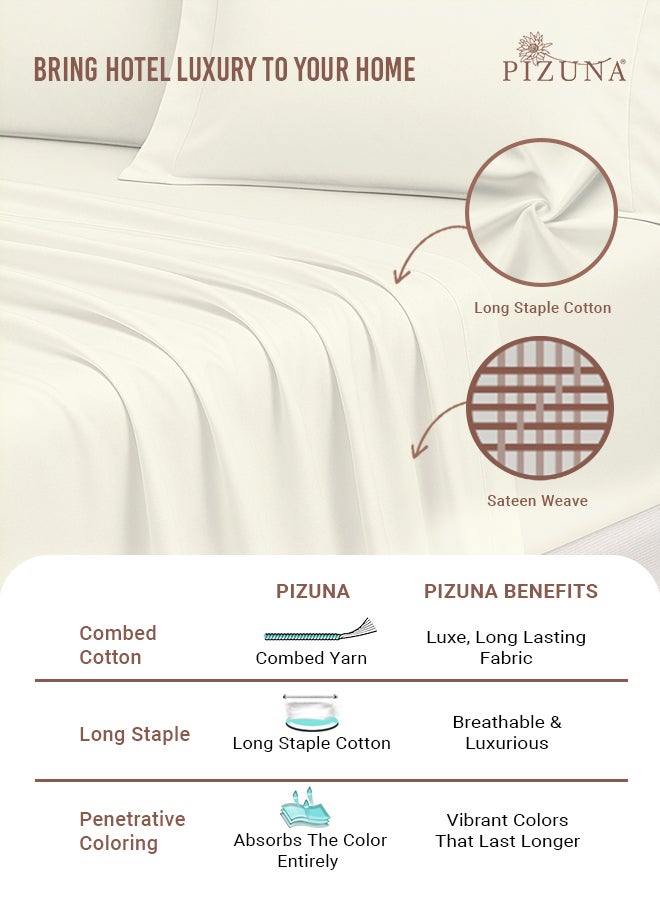 Pizuna Pure Combed Cotton Bed Sheet Set King Size New Ivory, 400 Thread Count Cozy Luxury 100% Long Staple Cotton Sateen Weave Bedsheet Set (1 Flat Sheet, 1 Fitted Sheet, 2 Pillowcases) - Image 2