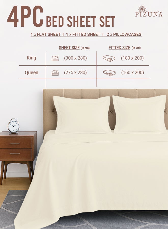 Pizuna Pure Combed Cotton Bed Sheet Set King Size New Ivory, 400 Thread Count Cozy Luxury 100% Long Staple Cotton Sateen Weave Bedsheet Set (1 Flat Sheet, 1 Fitted Sheet, 2 Pillowcases) - Image 3