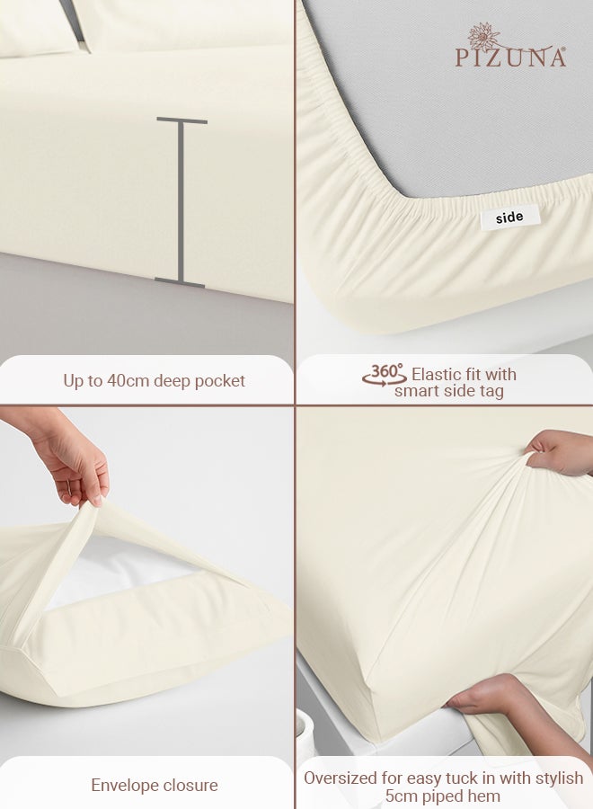 Pizuna Pure Combed Cotton Bed Sheet Set King Size New Ivory, 400 Thread Count Cozy Luxury 100% Long Staple Cotton Sateen Weave Bedsheet Set (1 Flat Sheet, 1 Fitted Sheet, 2 Pillowcases) - Image 4