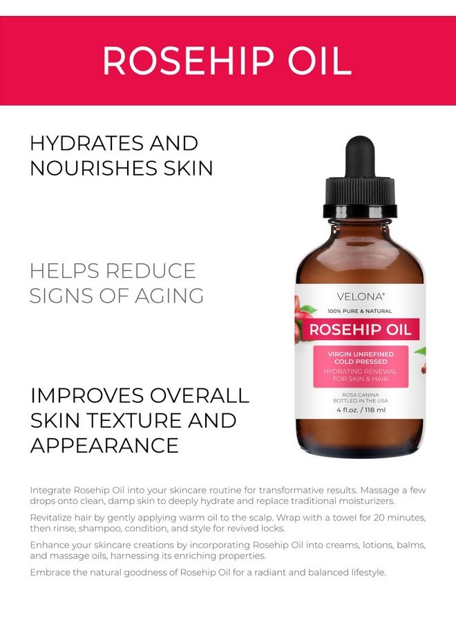 Rosehip Oil - 4 Fl Oz | 100% Pure And Natural Carrier Oil| Unrefined, Cold Pressed, Hexane Free | Moisturizing Face, Hair, Body, Skin Care, Stretch Marks, Scars…