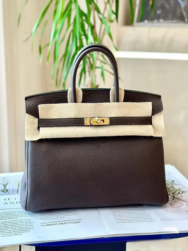 Genuine Leather Lychee Pattern Kelly Bag for Women coffee color 